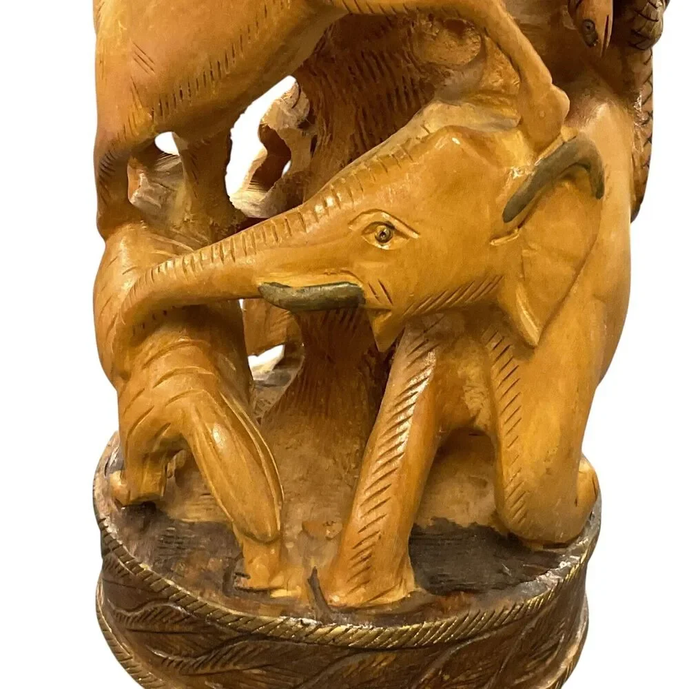 Vintage Hand Carved Round Hunting Shikar‎ Wooden Figurine Animals Forrest